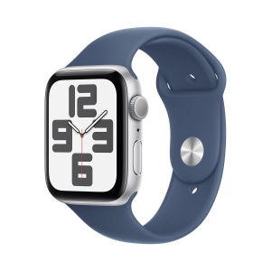 Apple Watch SE (2024) 44mm Silver Aluminum Case with Rubber Sport Band (M/L) – Denim
